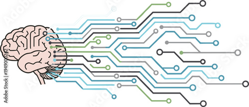 Artificial intelligence concept with human brain and digital circuit connections machine learning technology flat vector illustration