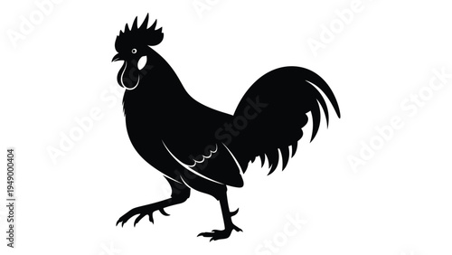 A black silhouette of a rooster with a distinctive comb and wattle, standing proudly on one leg with the other leg lifted, against a solid white background