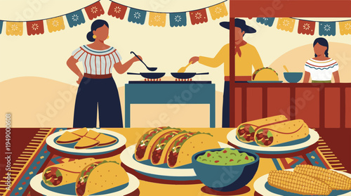 Vibrant Mexican Street Food Market with People Cooking Tacos and Burritos