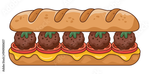 Delicious Meatball Sub Sandwich Vector Illustration
