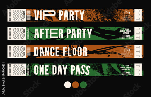 Control ticket bracelets for events, disco, festival, fan zone, party, staff. Grunge bitmap texture with pixel dither effect. Vector mockup of a festival bracelet