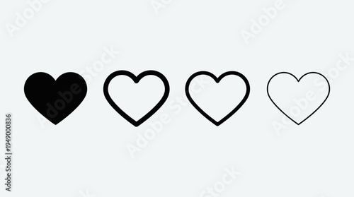 Vector Heart Icons Set Showing Progressive Fill Intensity from Solid Black to Thin Outline, Perfect for Rating Systems, Preferences, Completion Scales, and Graphic Design Use