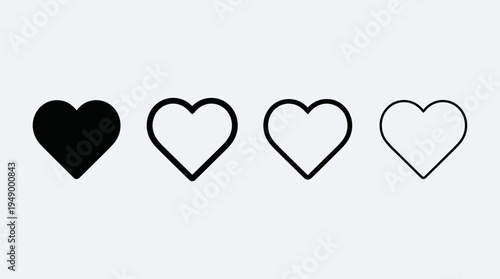 Vector Heart Icons Set Showing Progressive Fill Intensity from Solid Black to Thin Outline, Perfect for Rating Systems, Preferences, Completion Scales, and Graphic Design Use