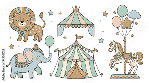 Whimsical circus theme nursery illustration with cute lion elephant horse carousel and tents in soft colors