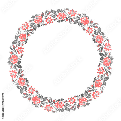 Ukrainian embroidery floral wreath vector illustration inspired by traditional vyshyvanka ornament. Decorative circular frame with red roses, branches and leaves created in cross stitch