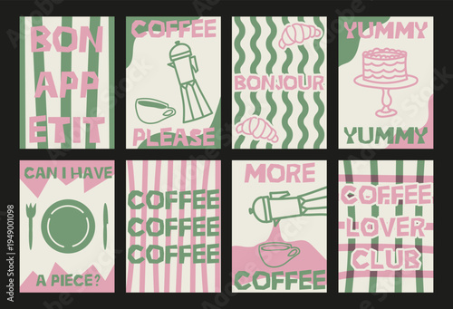 Coffee poster in cartoon retro style. Minimalistic banners for wall decor, greeting cards, interior and stationery