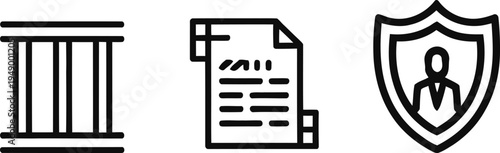 Security protection and legal documentation icons for prison system and prisoner rights concept