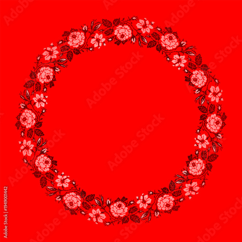 Ukrainian embroidery floral wreath vector illustration inspired by traditional vyshyvanka ornament. Decorative circular frame with red roses, branches and leaves created in cross stitch