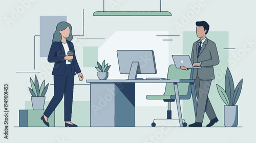 Business people in a modern office with laptops and coffee