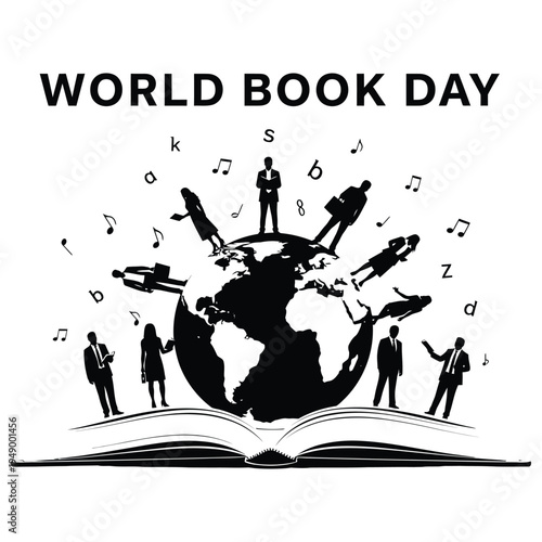 World book day celebration with diverse people and musical notes