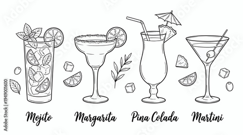 Hand drawn line art of cocktail glasses including Mojito, Margarita, Pina Colada and Martini with garnishes, concept for drink menu design, summer party flyers and bar branding promotion