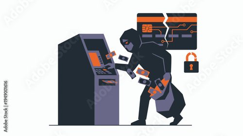 Masked hacker stealing cash from an ATM machine with broken credit card and padlock graphics, concept for financial cybercrime, bank security breach and online identity fraud prevention