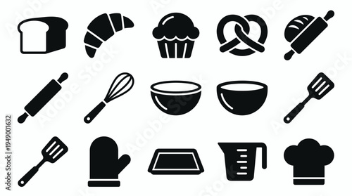 Set of black bakery and pastry kitchen tool icons including fresh bread croissant whisk and chef hat on white background, concept for bakery branding, restaurant menu and culinary education