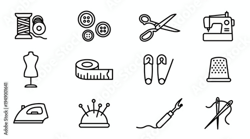 Collection of professional sewing and tailoring equipment icons like machine, scissors, mannequin and thread spool on white background, concept for fashion design, textile industry and workshop