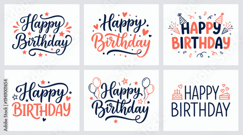Set of Happy Birthday hand lettering typography collection with hearts stars balloons and party elements on white background, concept for greeting cards, social media and event invitations