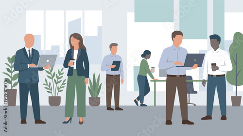 Diverse business professionals working and interacting in a modern office