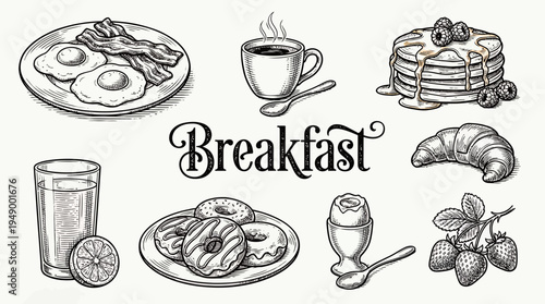 Hand drawn breakfast food illustrations set featuring eggs, bacon, pancakes, coffee, donuts and croissant in engraving style, concept for cafe menu design, food blog and restaurant branding