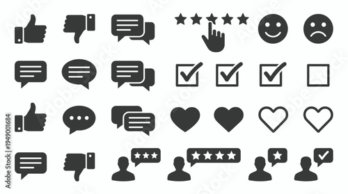Black customer feedback icon set including star ratings and user profiles for a project manager, concept for service evaluation, satisfaction survey and corporate client management