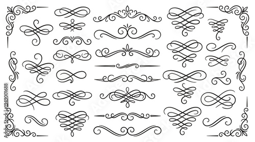 Set of black vintage calligraphic ornaments with elegant swirls and decorative filigree dividers on white background, concept for luxury invitation, wedding stationery and brand identity