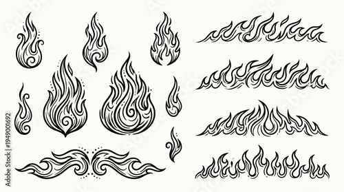 Collection of various hand drawn fire flame line art illustrations with decorative tribal swirl border patterns on white background, concept for tattoo design, graphic ornament and branding