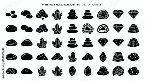 Vector set of various mineral and rock silhouettes featuring crystals diamonds and stacked zen stones on white, concept for geology education, jewelry branding and graphic design projects