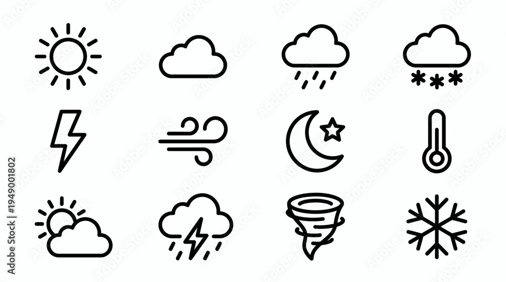 Obraz premium Set of black outline weather icons featuring sun, clouds, rain, snow, lightning, wind, moon and thermometer, concept for meteorological forecasting, mobile app design and digital interface