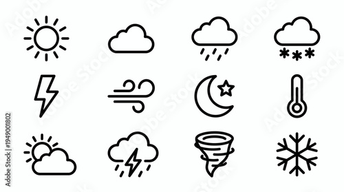 Set of black outline weather icons featuring sun, clouds, rain, snow, lightning, wind, moon and thermometer, concept for meteorological forecasting, mobile app design and digital interface