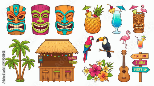 Set of colorful tropical tiki bar vector elements with masks, exotic cocktails, birds, flowers, palm trees and ukulele, concept for summer party invitation, Hawaiian vacation and travel advertising