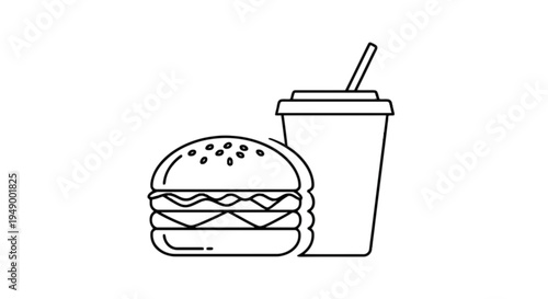 Classic double-decker burger paired with a straw-topped drink isolated on transparent background, Vector