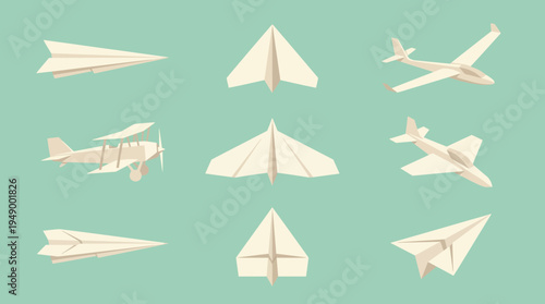 Collection of various white paper plane origami designs including gliders and jets on a flat teal background, concept for startup launching, creative business ideas and minimalist marketing strategies