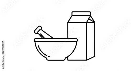 Mortar with pestle next to a milk carton isolated on transparent background, Vector
