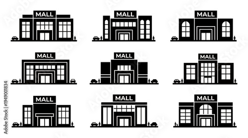 Set of modern shopping mall building icons with store entrances, car parking silhouettes and tiny window details, concept for urban development, retail marketing and architectural icons