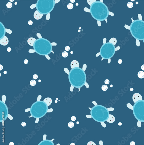 Cute seamless marine pattern with cartoon sea turtles and bubbles on dark blue background. Playful ocean vector texture for kids textile, nursery decor, wrapping paper and summer design.