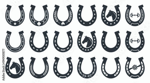 Collection of various horseshoe silhouettes with horse head clover and star icons on white background, concept for equestrian logo design, western branding and lucky charm marketing