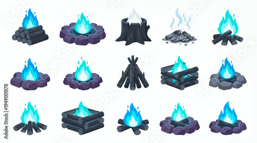 Set of stylized blue bonfire icons with various wood log arrangements and stone rings on white background, concept for game asset design, camping app interface and adventure project