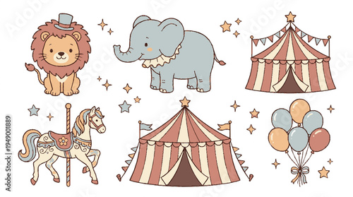 Cute lion elephant and carousel horse with colorful circus tents and balloons in vintage nursery vector set