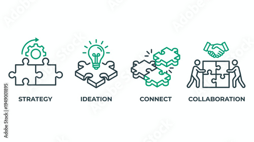 Business strategy and collaboration icon set featuring puzzle pieces with gear, lightbulb and handshake icons, concept for corporate leadership, innovative workflow and teamwork development