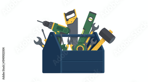 Wooden toolbox filled with hand and power tools like electric drill, saw, hammer, level and wrenches on white background, concept for home renovation, house maintenance and carpentry workshop