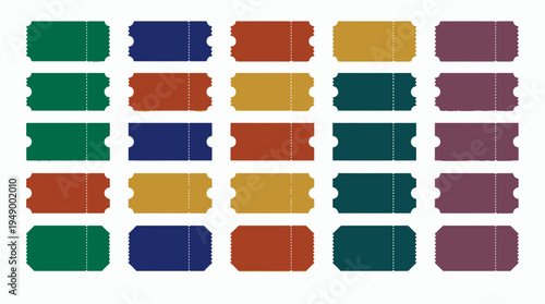 Collection of colorful blank event tickets with perforated lines and various vintage edge styles isolated on white background, concept for raffle contests, theater entry and lottery promotions