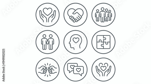 Minimalist line icon set of empathy symbols and human resource management icons for executive directors, concept for corporate social responsibility, team leadership and coworker partnership