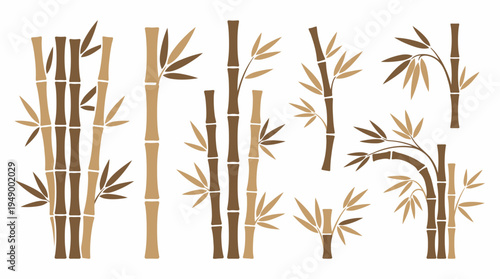 Set of stylized bamboo tree stalks with leaves in brown and tan colors on white background, concept for oriental zen spa design, asian organic branding and tropical nature pattern decoration