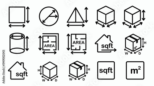 Collection of black line icons showing geometric shapes floor plans and measurement symbols for area and volume calculations, concept for architectural design, logistics and property market