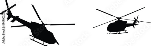 Helicopter silhouette set, military and rescue chopper aircraft vector collection with rotor blades isolated on white background