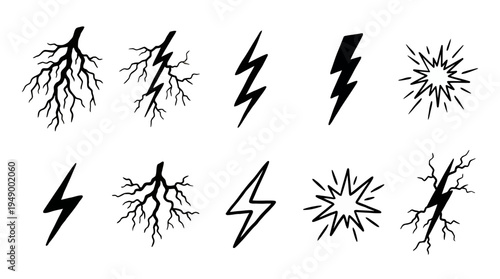 Collection of black hand drawn lightning bolts and thunder electric power icons set isolated on white background, concept for energy branding, power logo design and creative motion graphics