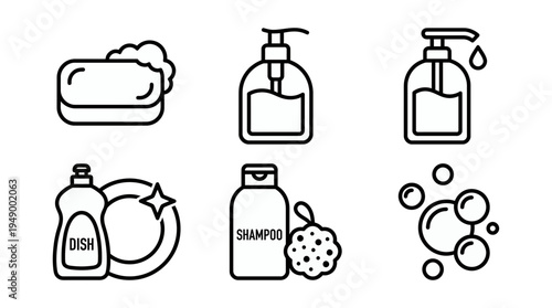 Minimalist black and white line icon set of hygiene products including soap bar liquid dispenser shampoo bottle and bubbles, concept for bathroom catalog, cleaning service and personal care