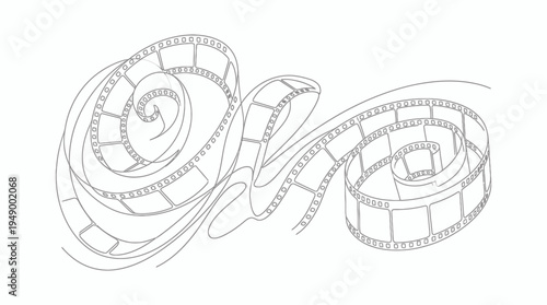 Continuous line art drawing of two elegant spiral curved film strips on a clean white background, concept for cinema production, film industry marketing and creative media promotion