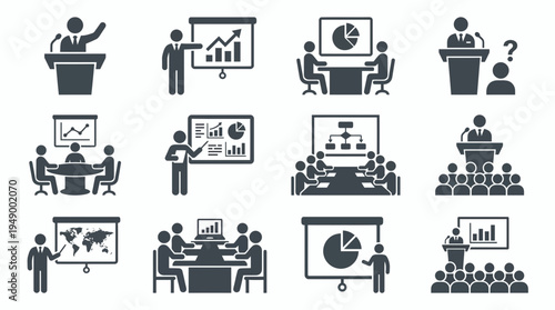 Collection of professional icons showing corporate managers presenting data and team executives having seminar meetings, concept for business training, office analysis and marketing speech