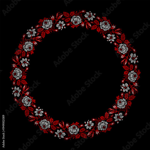 Ukrainian embroidery floral wreath vector illustration inspired by traditional vyshyvanka ornament. Decorative circular frame with red roses, branches and leaves created in cross stitch