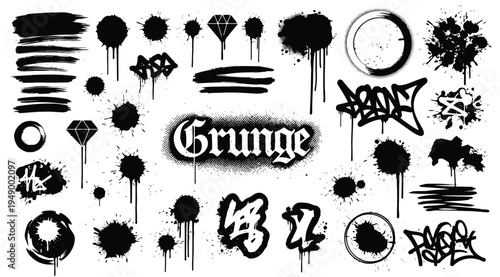 Grunge style black ink splatters and graffiti elements isolated on white background for creative design