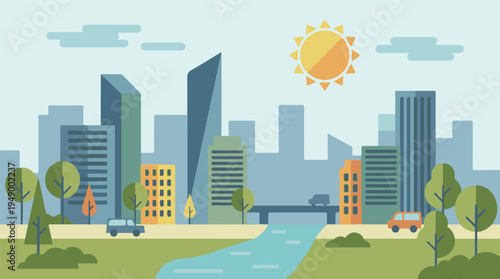 Flat design illustration of a vibrant urban cityscape with nature and transport